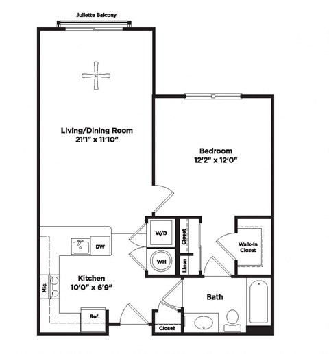 Floor plan for 1 bed, 1 bath, 699 sqft